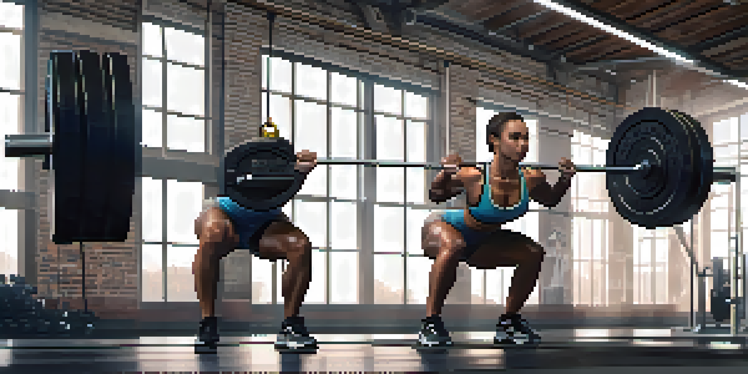 A powerlifting athlete lifting weights with a deadlift technique in a modern gym, surrounded by equipment and motivational posters.