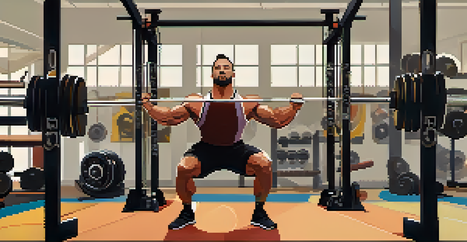 A powerlifter engaging in warm-up stretches in a spacious gym, surrounded by fitness equipment.
