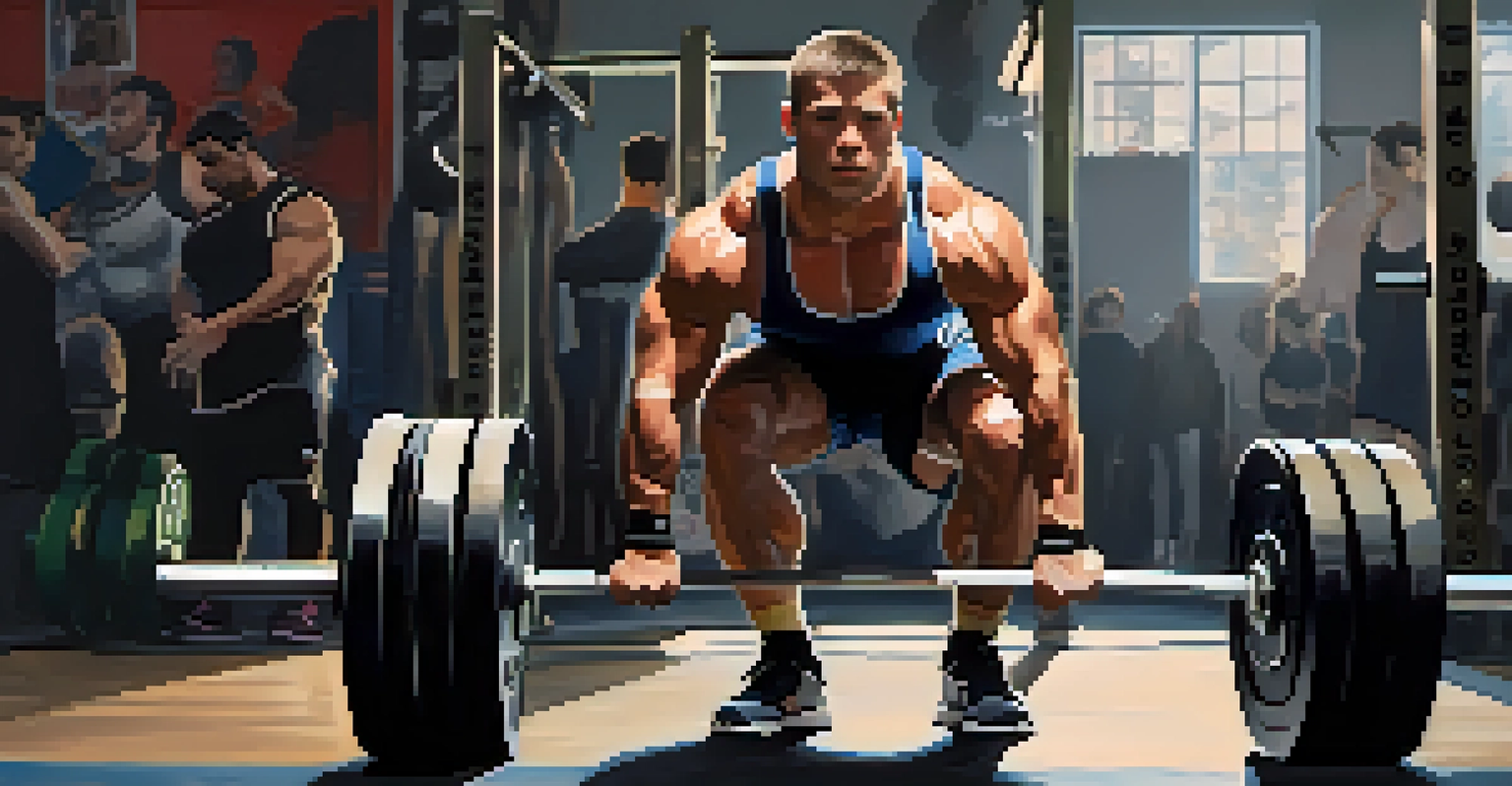 A powerlifter in a gym performing a deadlift, with weights on the bar and a determined look, surrounded by gym equipment and motivational posters.