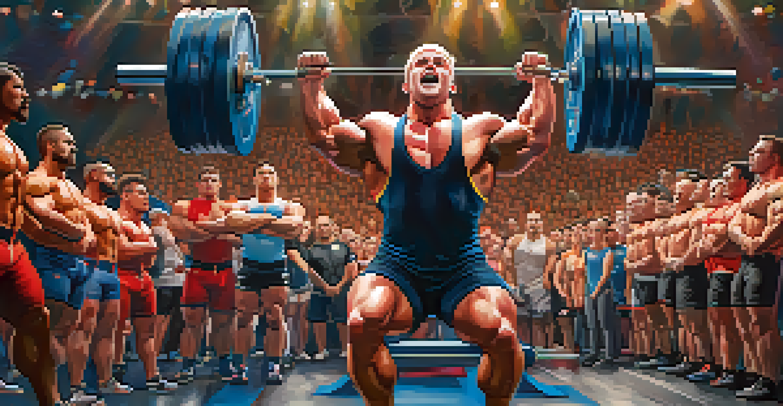 A male powerlifter lifting weights in a crowded competition, with spectators cheering in the background.