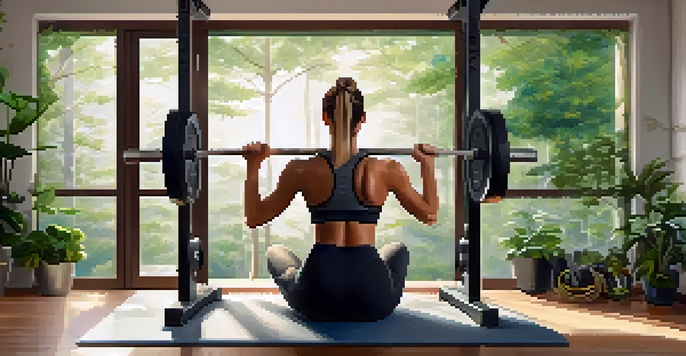 A young woman lifting weights in a bright gym with green plants around her, demonstrating mindfulness and focus.