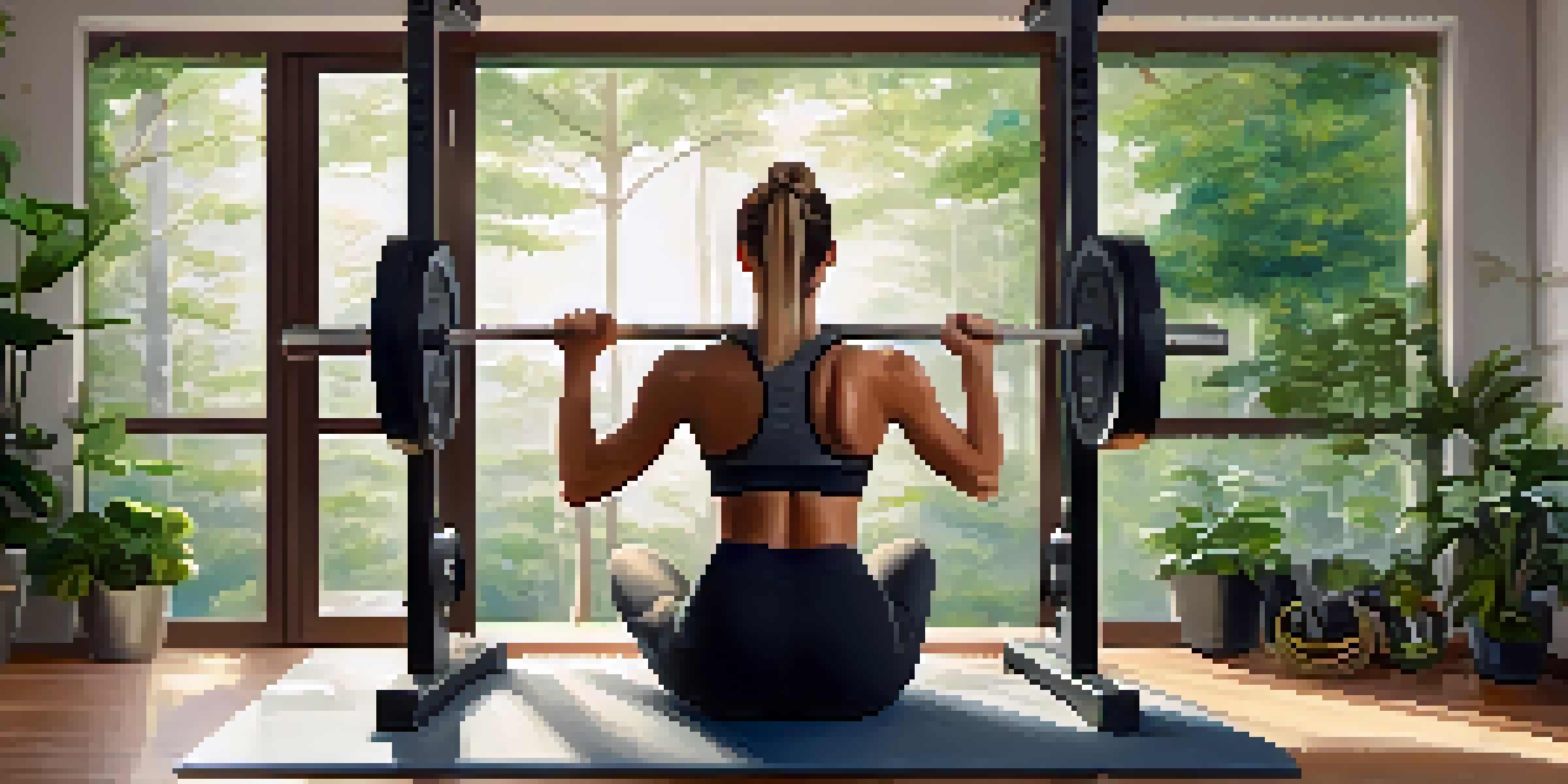 A young woman lifting weights in a bright gym with green plants around her, demonstrating mindfulness and focus.