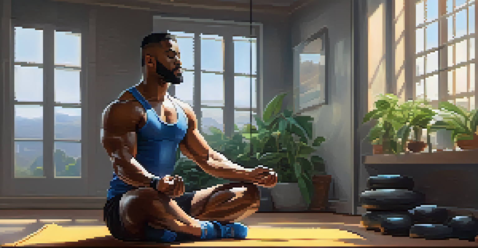 A powerlifter practicing mindfulness, sitting cross-legged with closed eyes in a calm and serene environment.