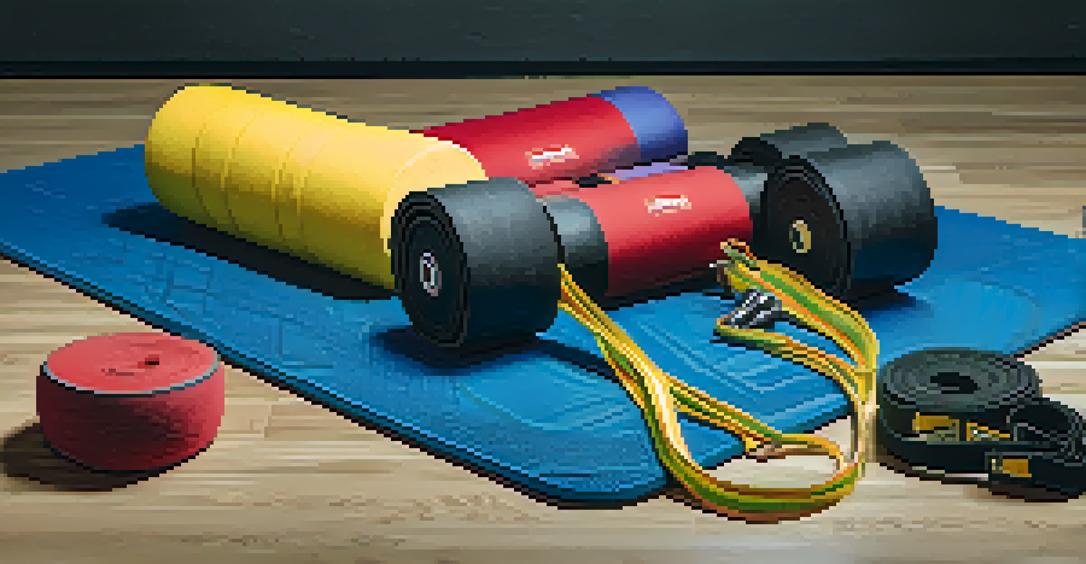 A close-up view of mobility aids for powerlifting including knee sleeves, a lifting belt, resistance bands, and a foam roller on a gym mat.