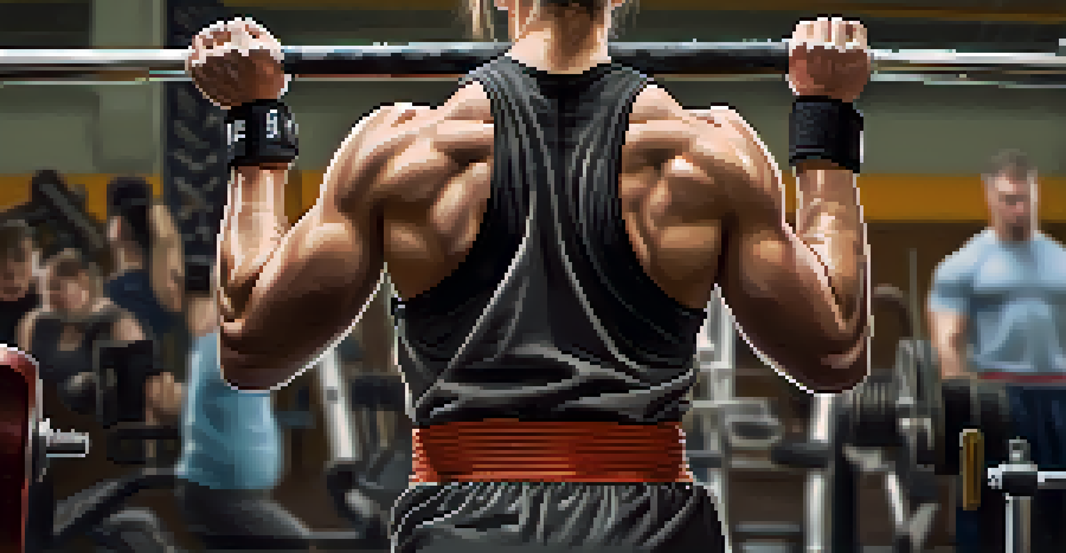 A powerlifting athlete adjusting their lifting belt, with a determined expression, in a busy gym setting.