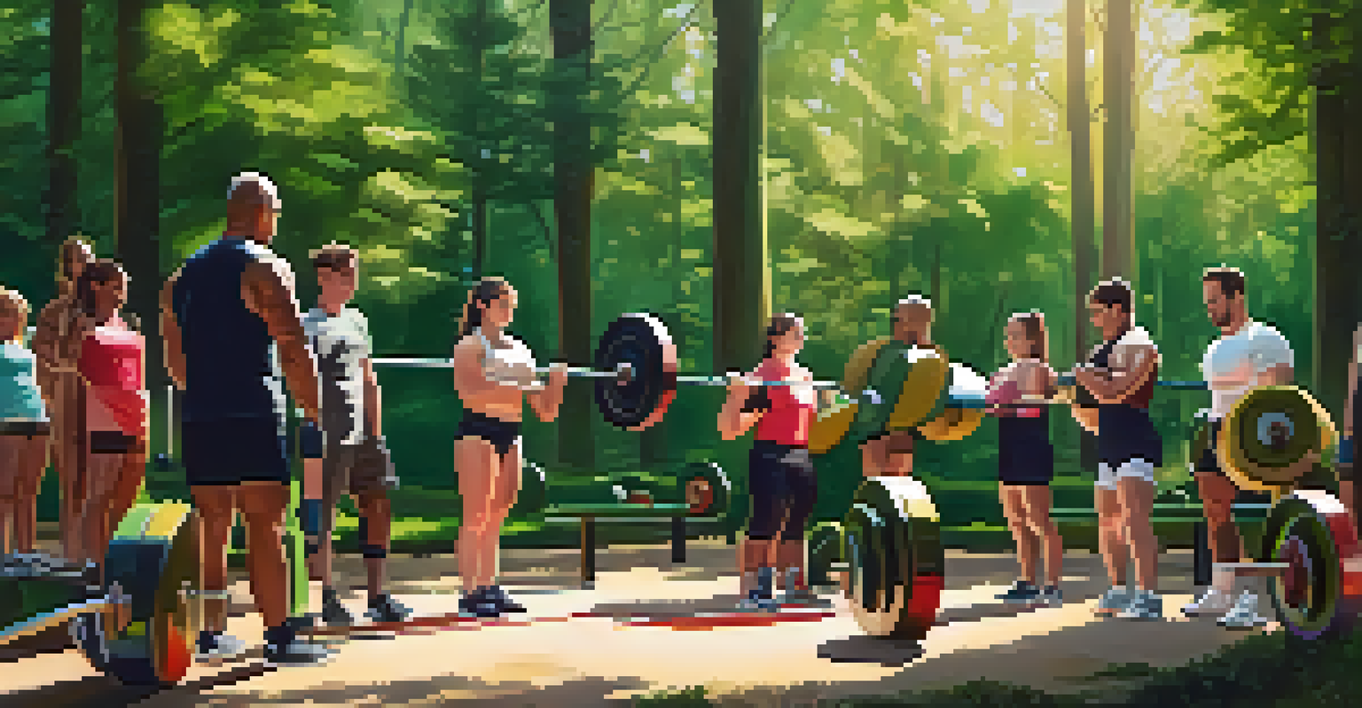 Beginners learning powerlifting techniques outdoors with a coach in a park.