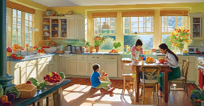 A parent preparing breakfast in a bright kitchen while children play nearby, filled with sunlight and colorful fruits.