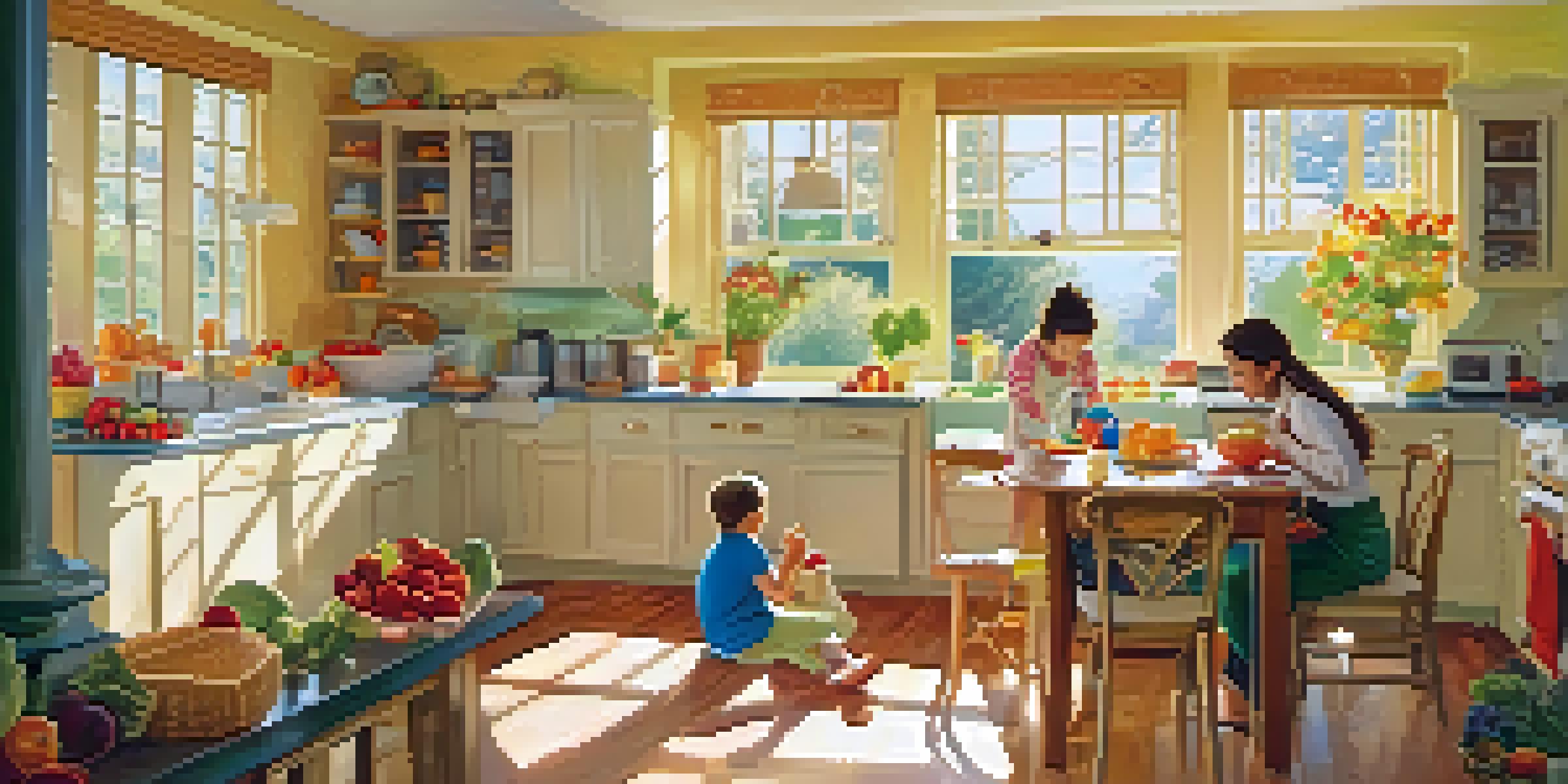 A parent preparing breakfast in a bright kitchen while children play nearby, filled with sunlight and colorful fruits.