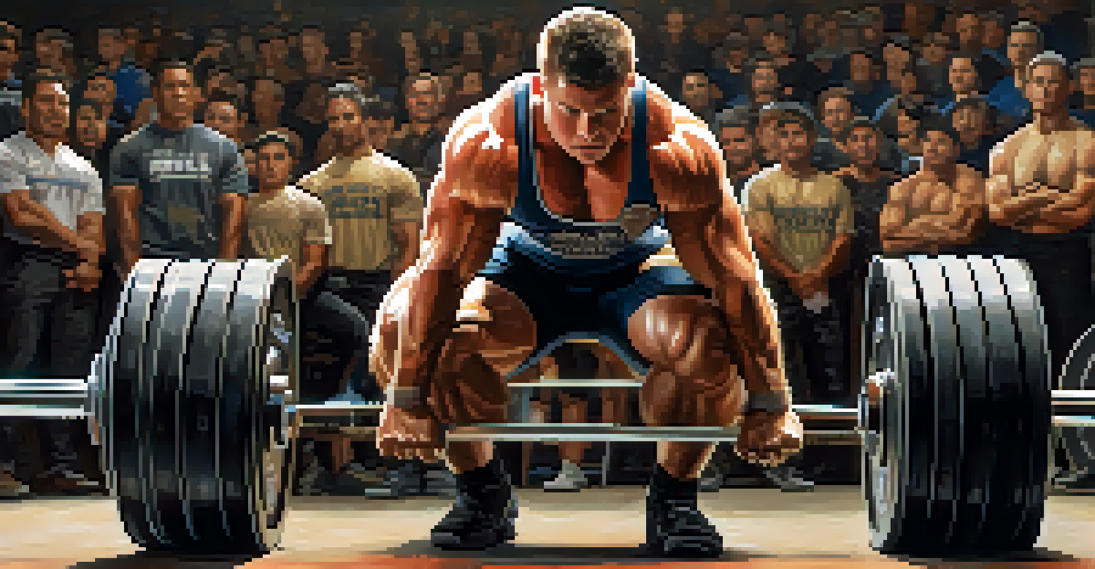 A close-up of a determined powerlifter preparing to lift weights, with blurred supporters in the background holding encouraging signs.
