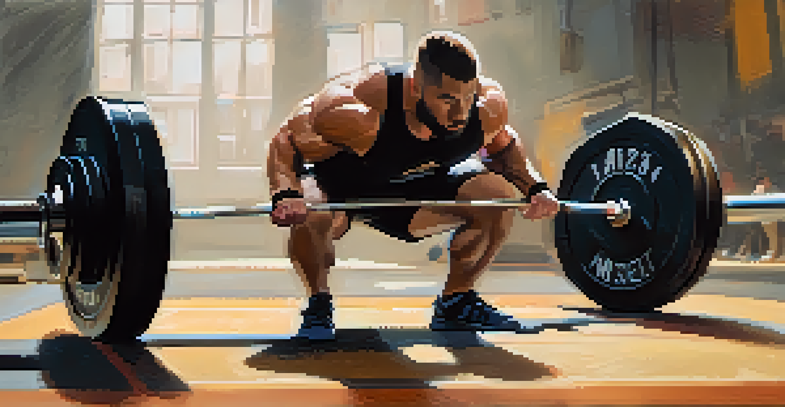 A top-down view of a powerlifter performing a deadlift in a gym, emphasizing their grip on the barbell and the surrounding environment.