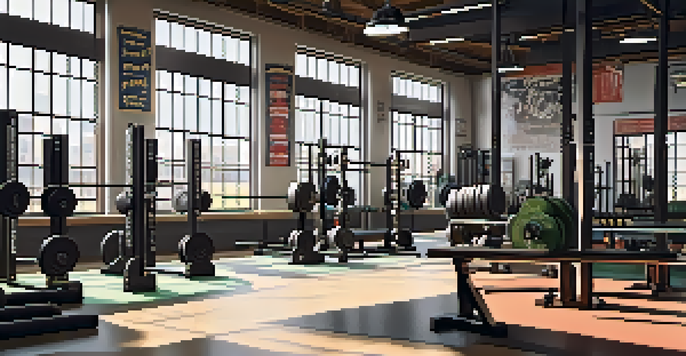 A bright and organized powerlifting gym with barbells and weights arranged on racks and sunlight streaming through windows.