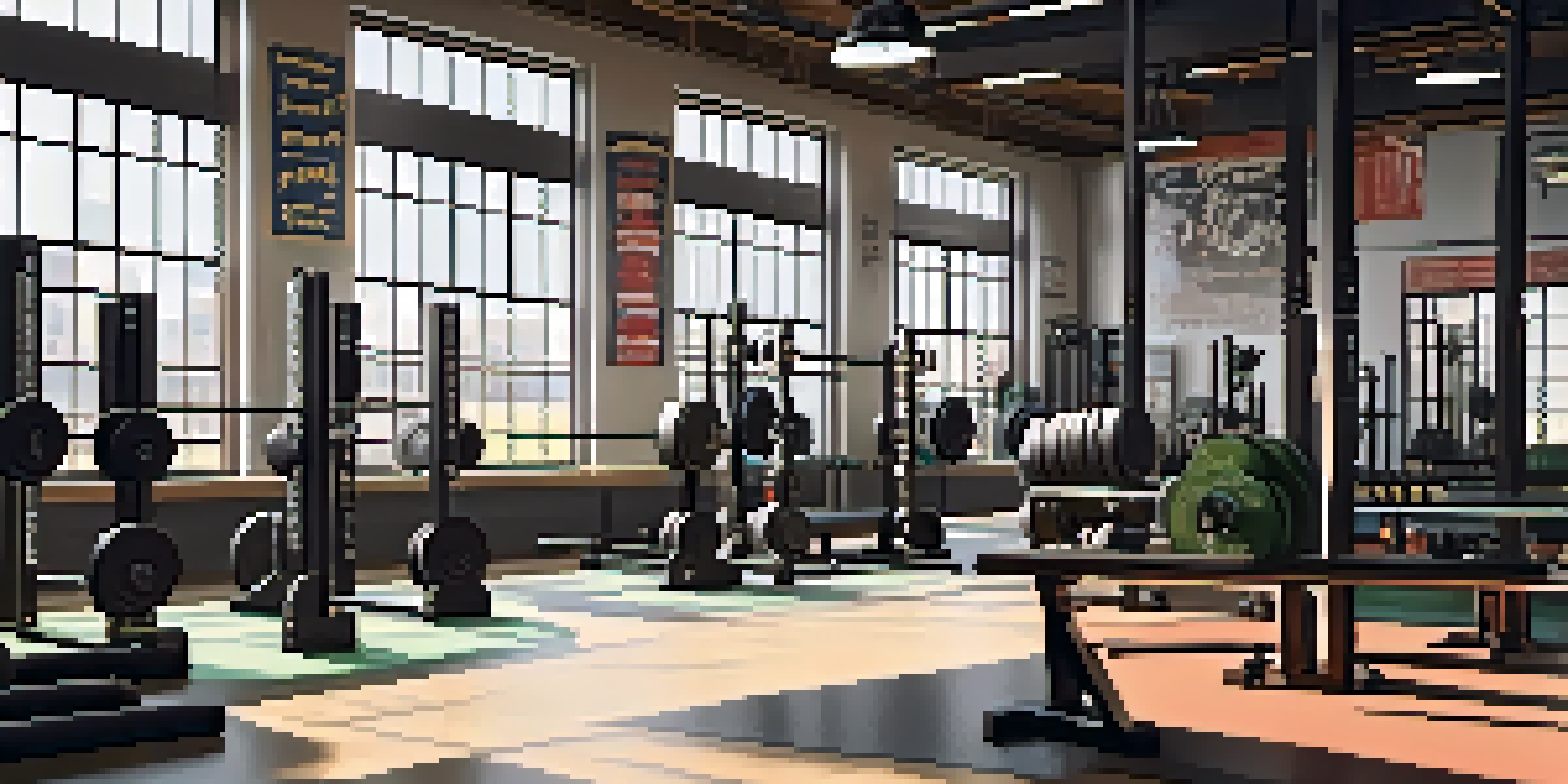 A bright and organized powerlifting gym with barbells and weights arranged on racks and sunlight streaming through windows.