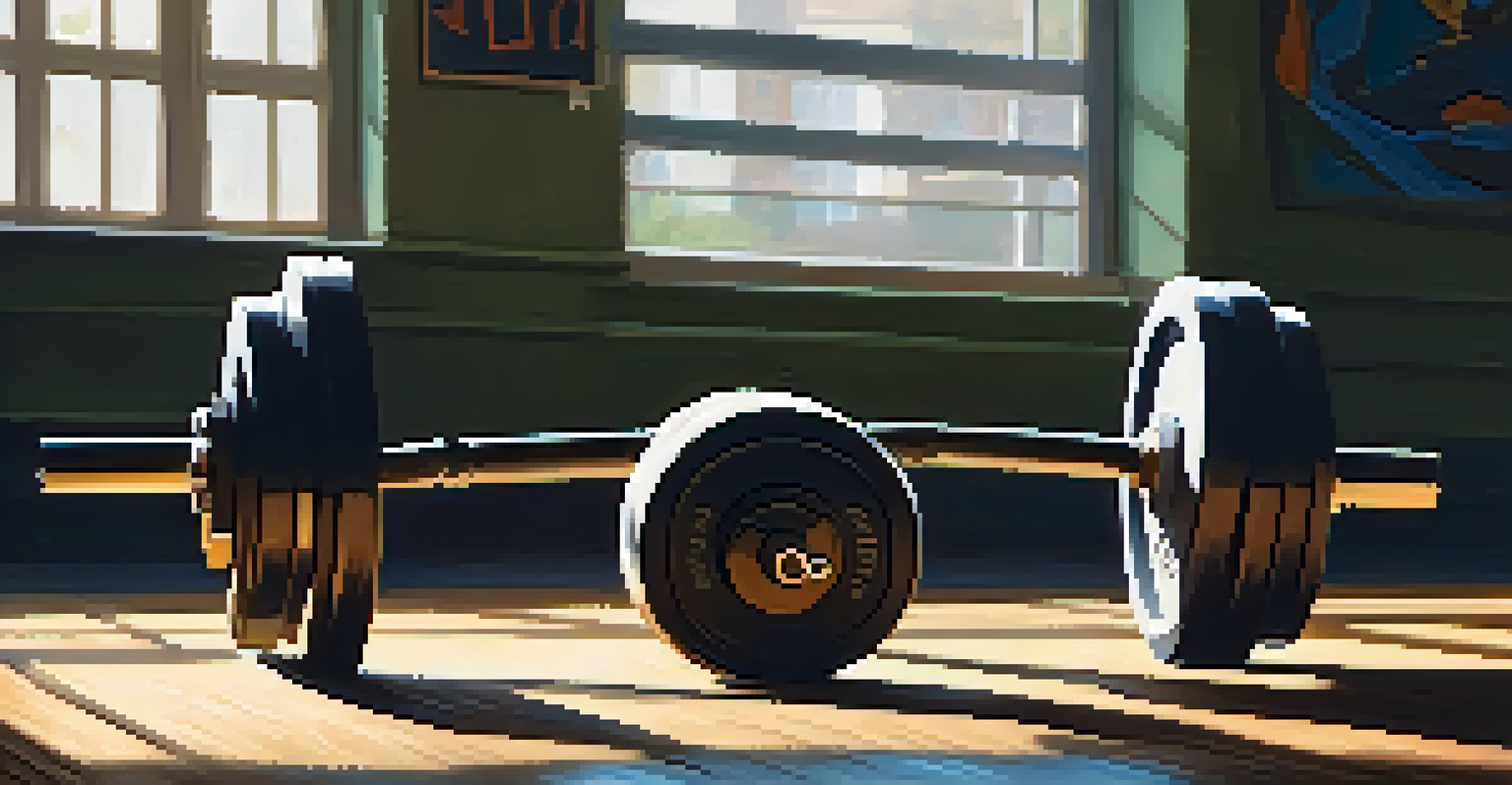 A close-up of a loaded powerlifting barbell on a textured gym floor, illuminated by soft natural light.