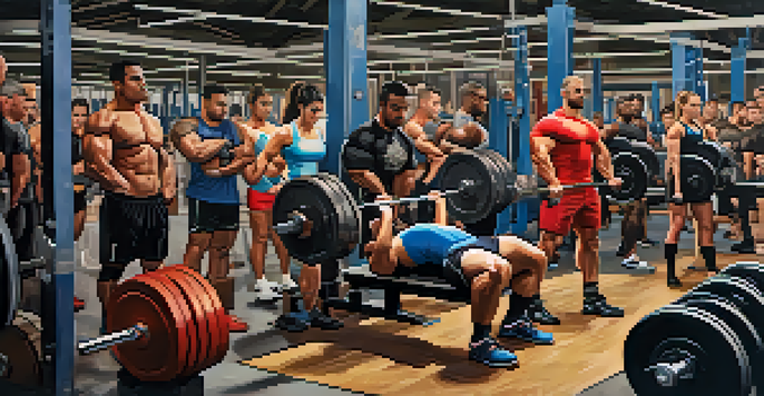 A diverse group of athletes in a gym performing squats, bench presses, and deadlifts with proper form, emphasizing a safe and motivational training environment.