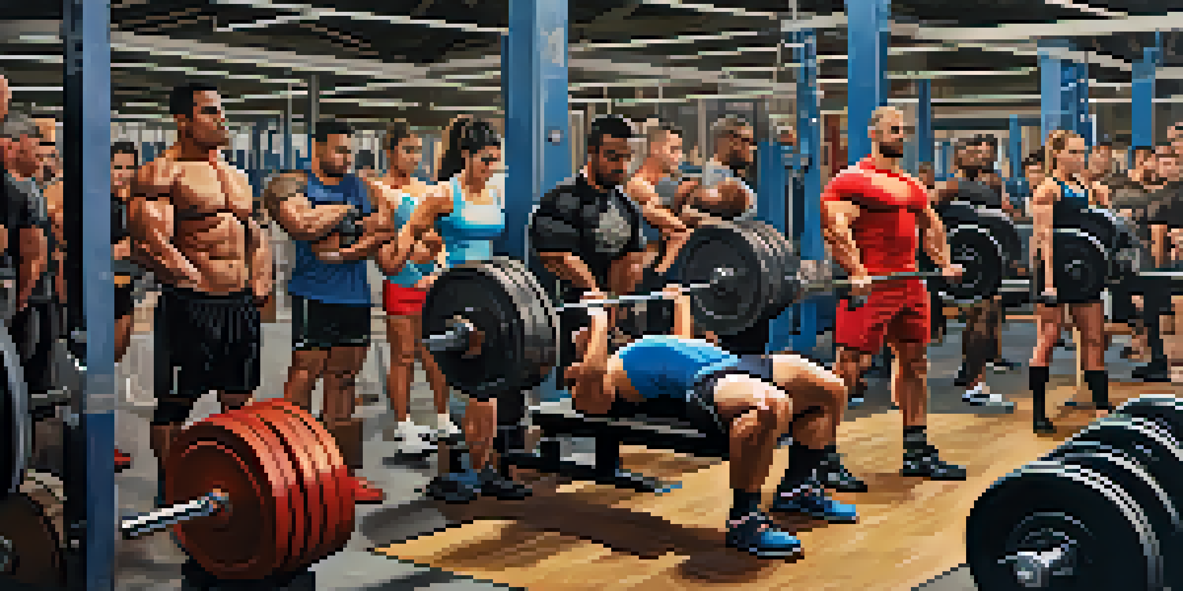 A diverse group of athletes in a gym performing squats, bench presses, and deadlifts with proper form, emphasizing a safe and motivational training environment.