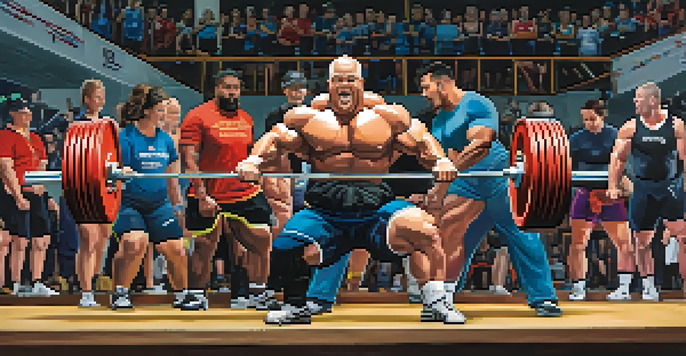 A group of diverse powerlifters competing on a lifting platform, with spectators cheering in the background, showcasing the intensity of the event.