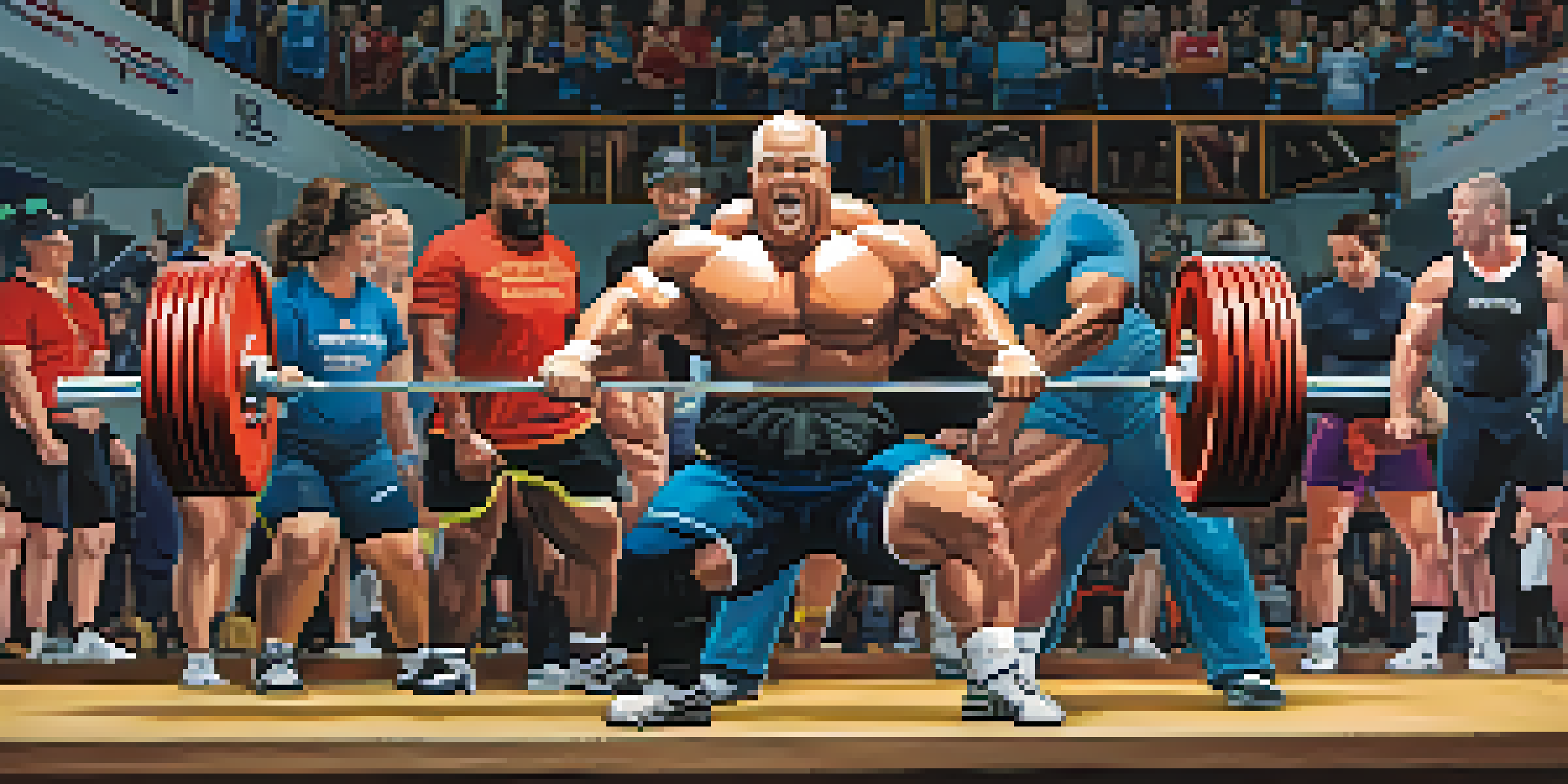 A group of diverse powerlifters competing on a lifting platform, with spectators cheering in the background, showcasing the intensity of the event.