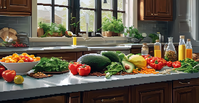 A kitchen countertop with fresh ingredients for powerlifting nutrition, including protein sources, colorful vegetables, and healthy fats.