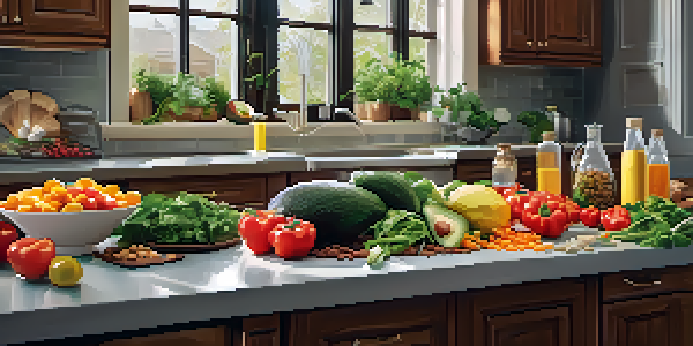 A kitchen countertop with fresh ingredients for powerlifting nutrition, including protein sources, colorful vegetables, and healthy fats.