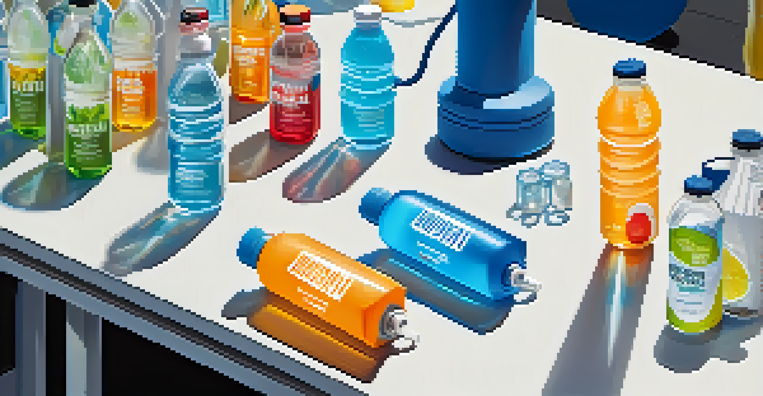 An overhead view of a hydration station with bottles of water and electrolyte drinks on a gym table, emphasizing hydration.