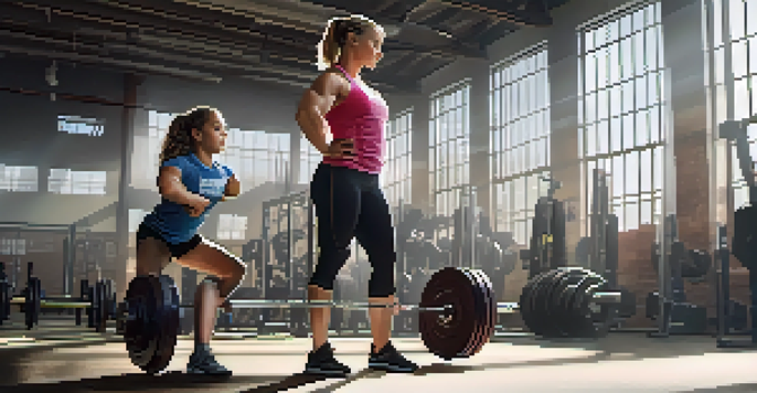 A female powerlifting coach teaches a young girl proper lifting techniques in a bright gym filled with equipment.