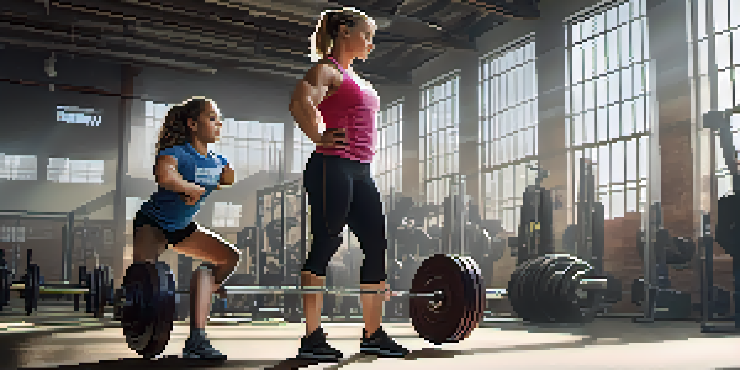 A female powerlifting coach teaches a young girl proper lifting techniques in a bright gym filled with equipment.