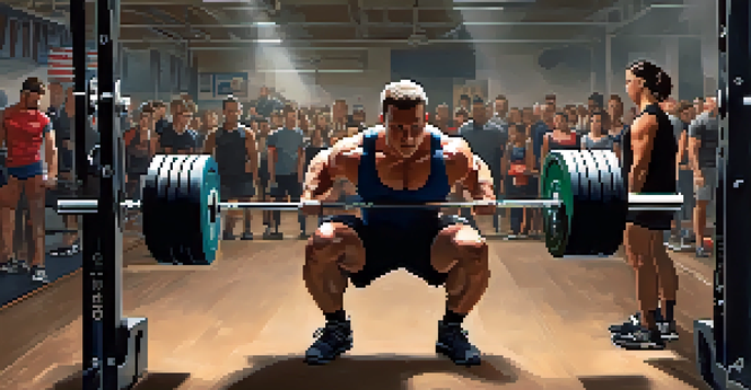 A powerlifter squatting heavily in a gym, surrounded by cheering teammates and various weightlifting equipment.