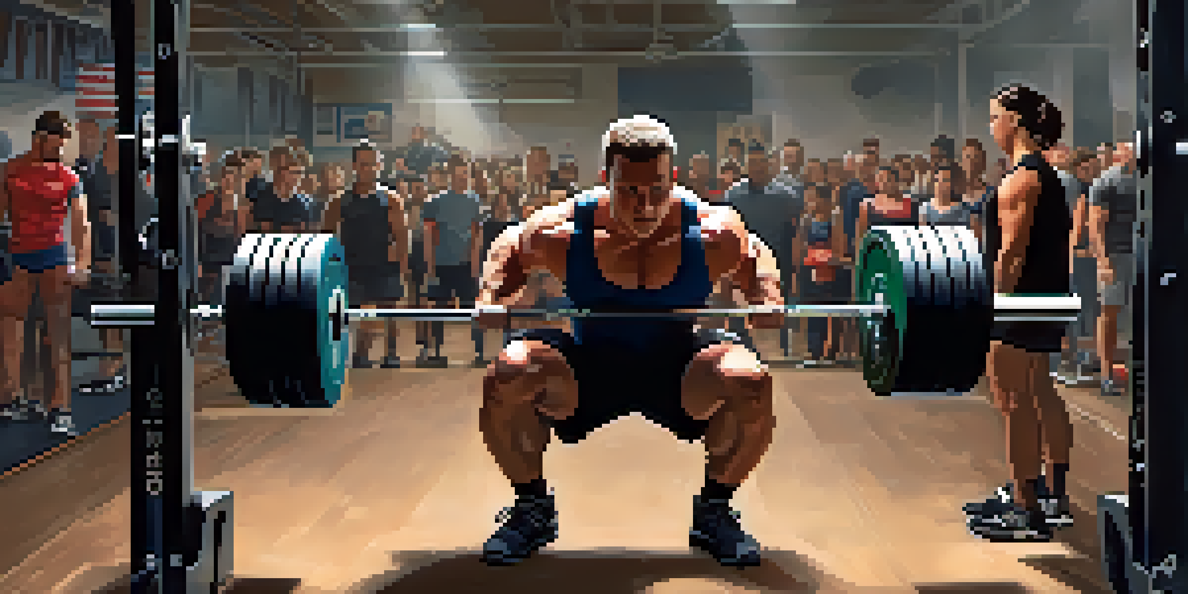 A powerlifter squatting heavily in a gym, surrounded by cheering teammates and various weightlifting equipment.