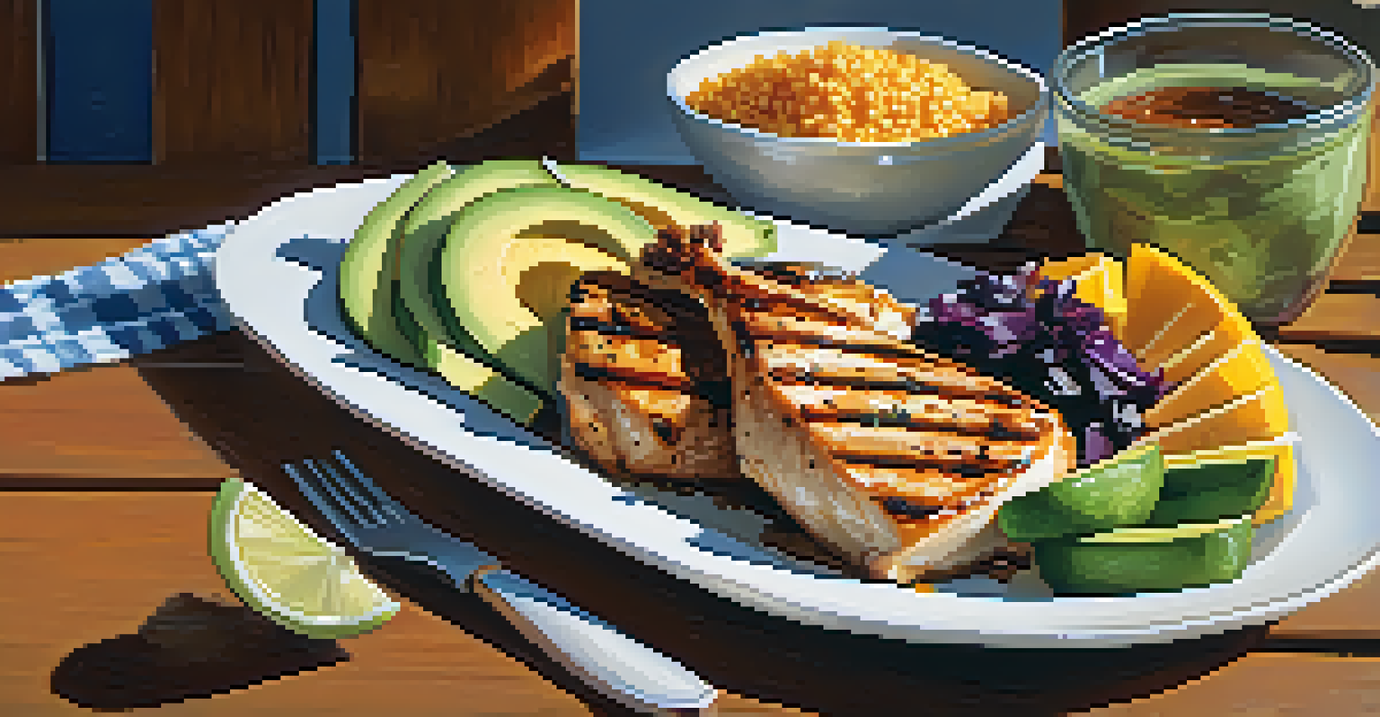 A nutritious meal featuring grilled chicken, quinoa, and colorful vegetables arranged on a wooden table.