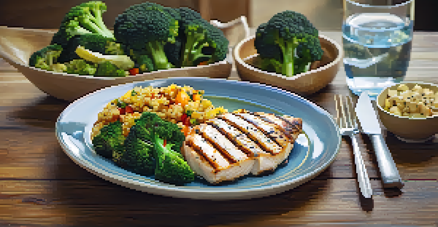 A healthy meal of grilled chicken, broccoli, and quinoa on a wooden table, with a glass of water beside it.