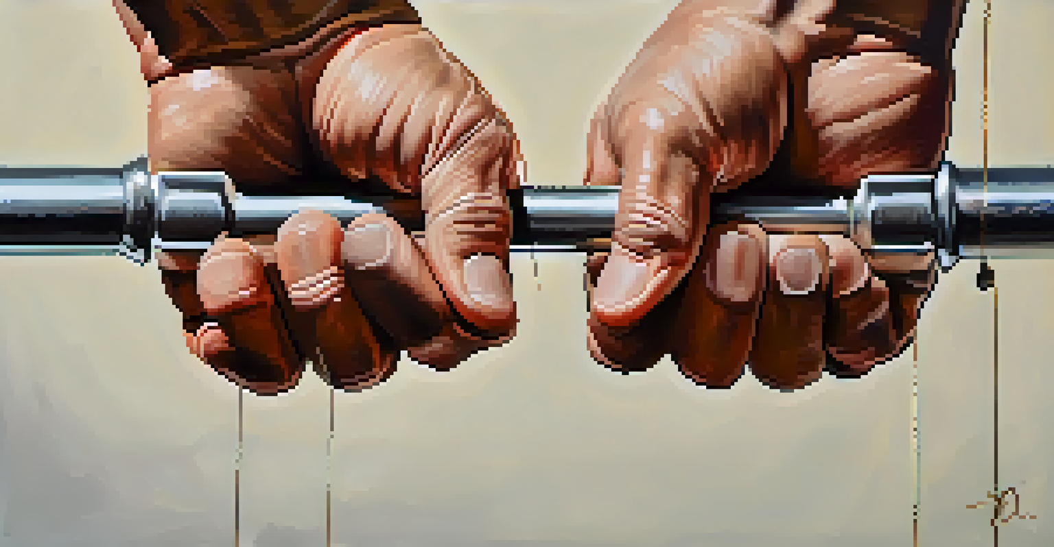 Close-up of hands gripping a barbell, showcasing different grip techniques for deadlifting.