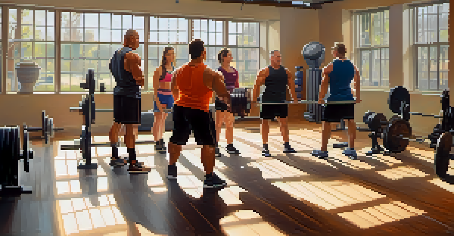 A group of powerlifters in a gym sharing tips and encouraging each other, showcasing community spirit.
