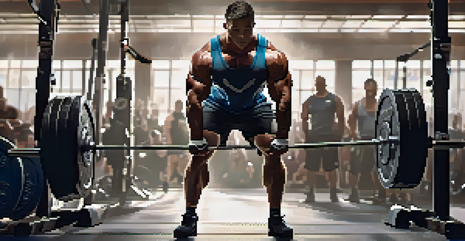 A powerlifter showcasing strength while performing a deadlift in a gym environment, emphasizing determination and effort.