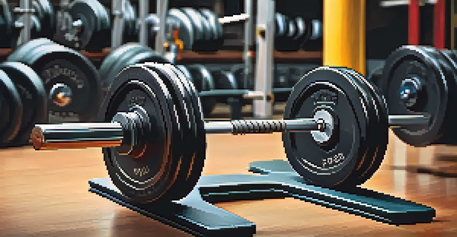 Close-up of a weightlifting barbell loaded with weights on a gym bench, emphasizing the equipment's details and the gym environment.