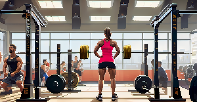 A diverse group of powerlifters training in a bright gym, with a female lifter squatting and others encouraging her.