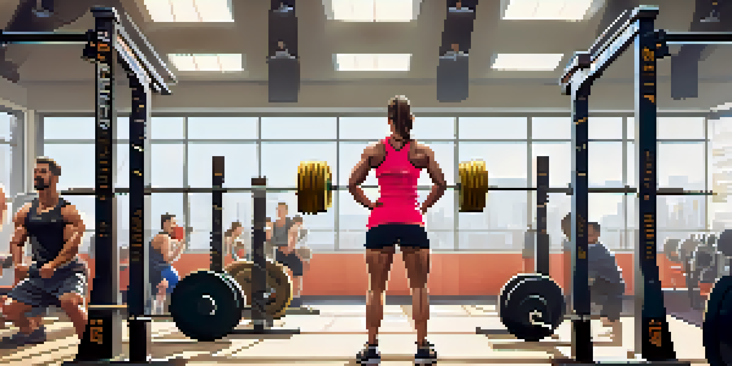A diverse group of powerlifters training in a bright gym, with a female lifter squatting and others encouraging her.
