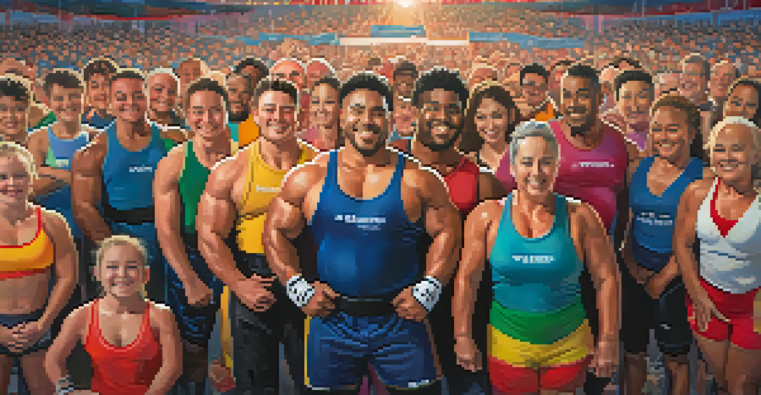 A diverse group of powerlifters celebrating together at a local competition, showcasing camaraderie and inclusivity.