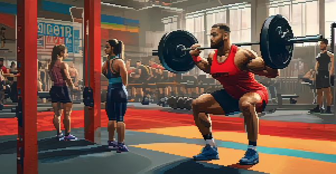 A lively powerlifting gym with diverse lifters, a female lifter squatting with a coach, and others lifting in the background.