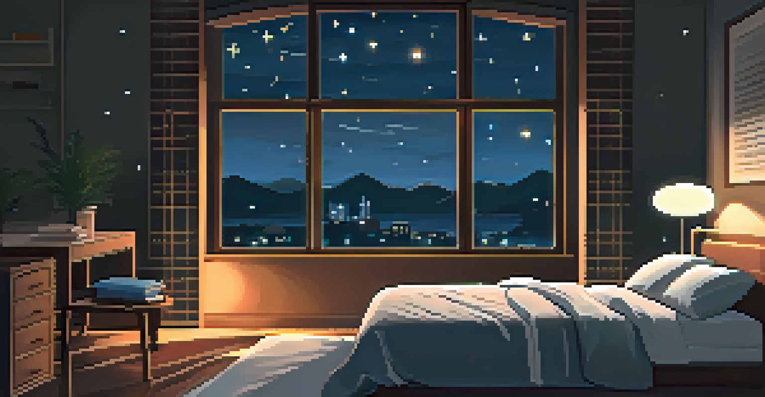 A peaceful bedroom at night with a powerlifter sleeping in a cozy bed, a book and a glass of water on the bedside table, and a starry sky visible outside.