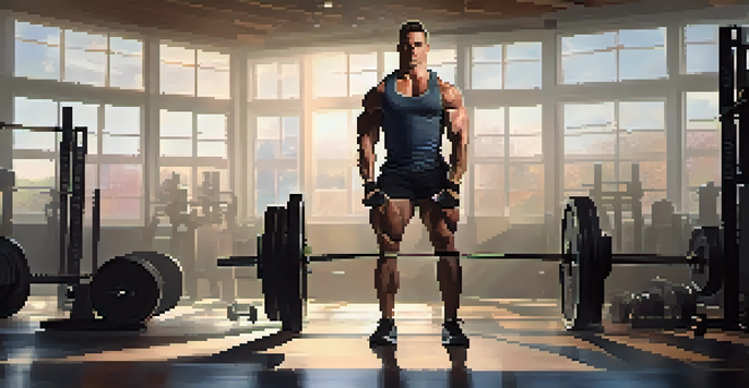 A powerlifter in a gym, lifting weights with sunlight streaming in, highlighting their focused expression and muscular build.