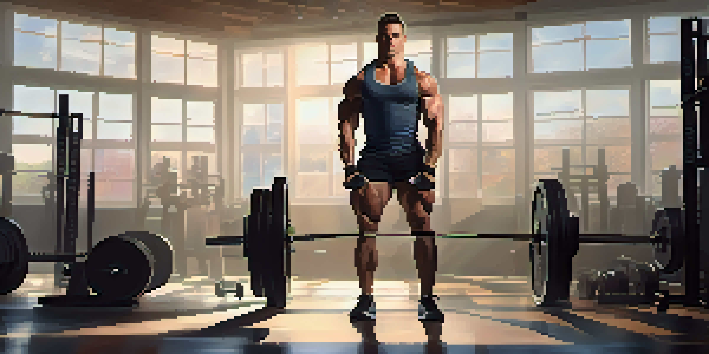A powerlifter in a gym, lifting weights with sunlight streaming in, highlighting their focused expression and muscular build.