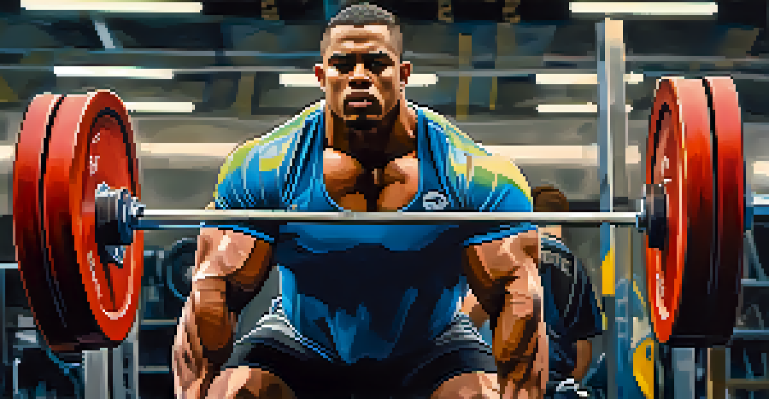 A focused powerlifter in lifting gear, with teammates in the background, preparing for a lift in a dramatic lighting setting.