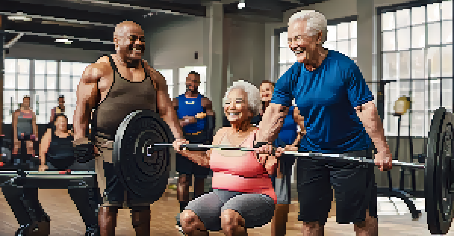 A diverse group of seniors in a powerlifting class, smiling and supporting each other in a bright gym environment with training equipment around.