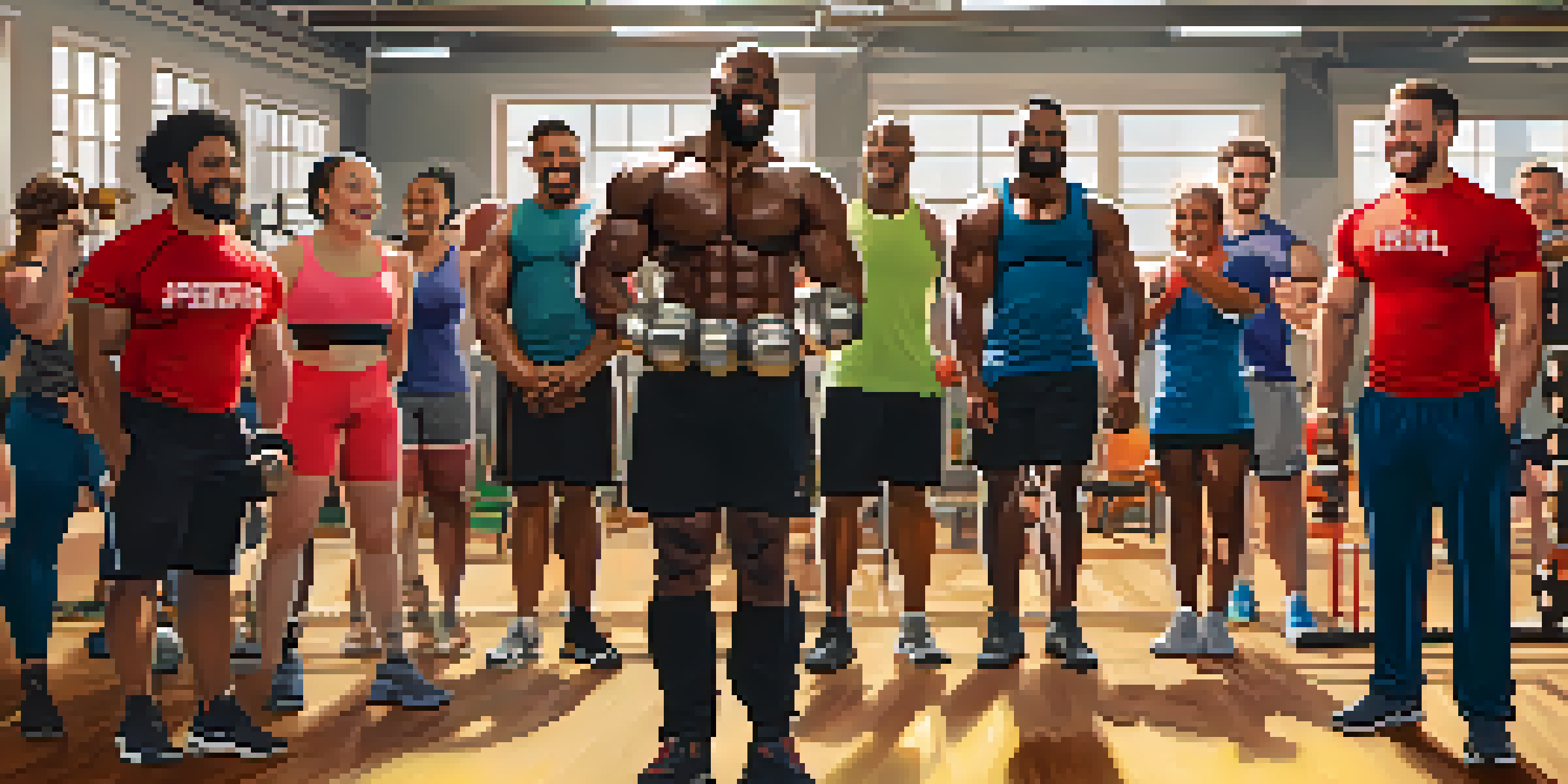 A diverse group of powerlifters celebrating together in a gym, showcasing supportive interactions and joy.