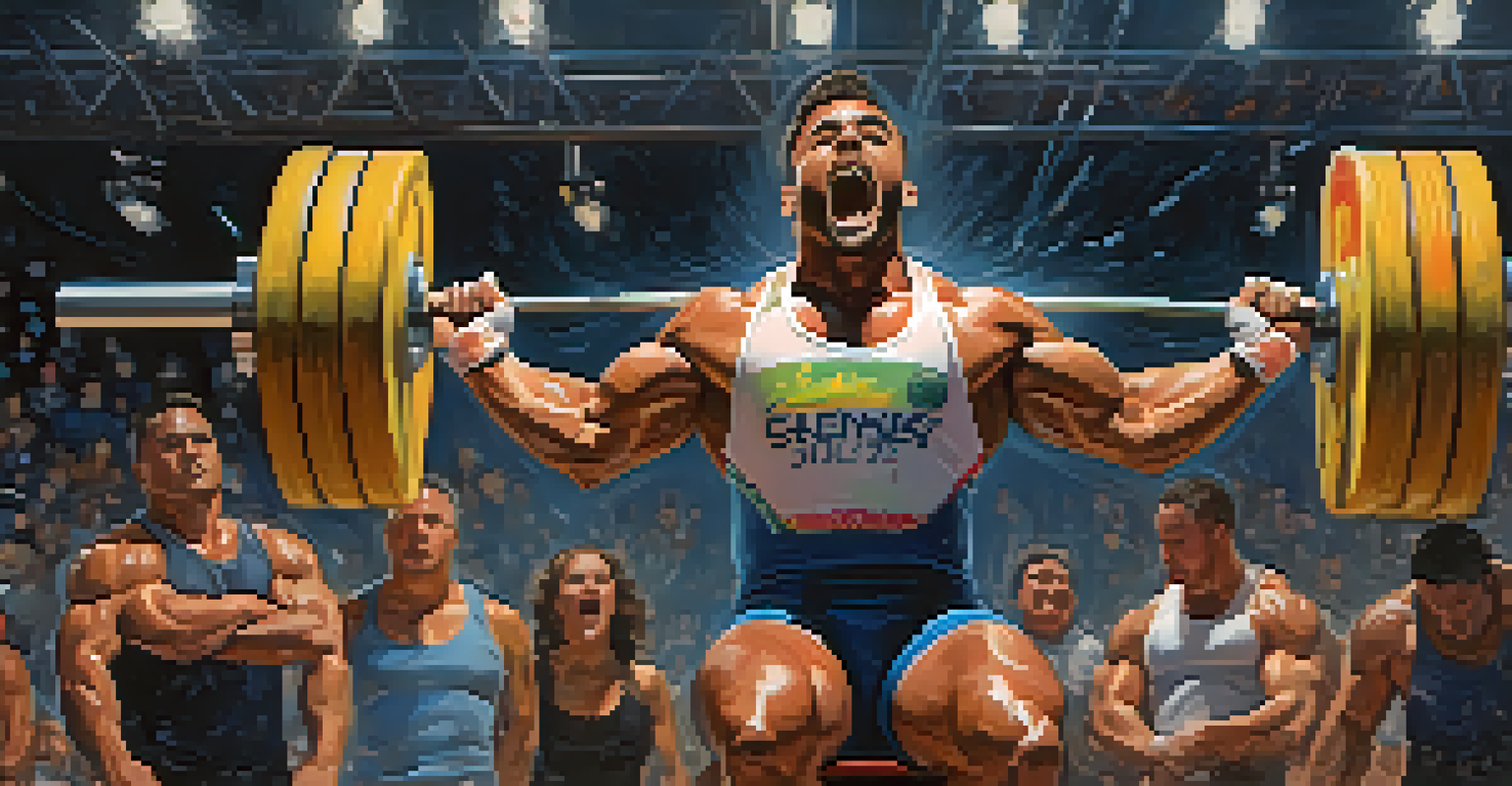 A powerlifter performing a clean and jerk lift, showcasing explosive strength in a vibrant setting with a cheering crowd.