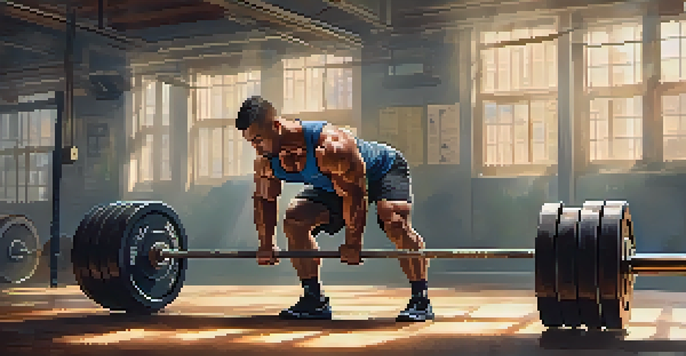 A powerlifter in a gym lifting weights with a focused expression, surrounded by gym equipment and bright natural light.