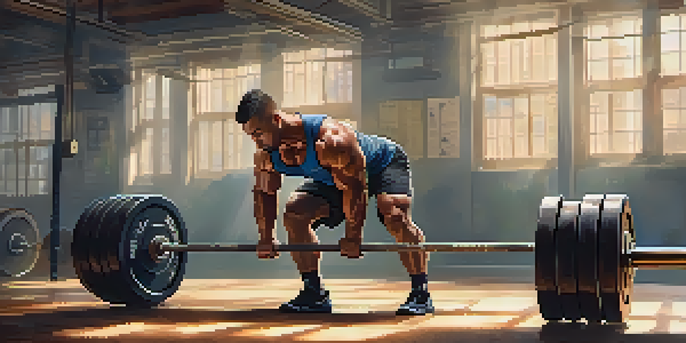 A powerlifter in a gym lifting weights with a focused expression, surrounded by gym equipment and bright natural light.