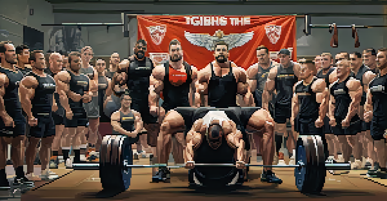 A supportive group of powerlifters in a gym, encouraging one lifter attempting a personal record lift.