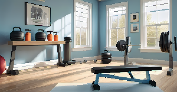 A home gym setup with dumbbells, a weight bench, and resistance bands, illuminated by natural sunlight.