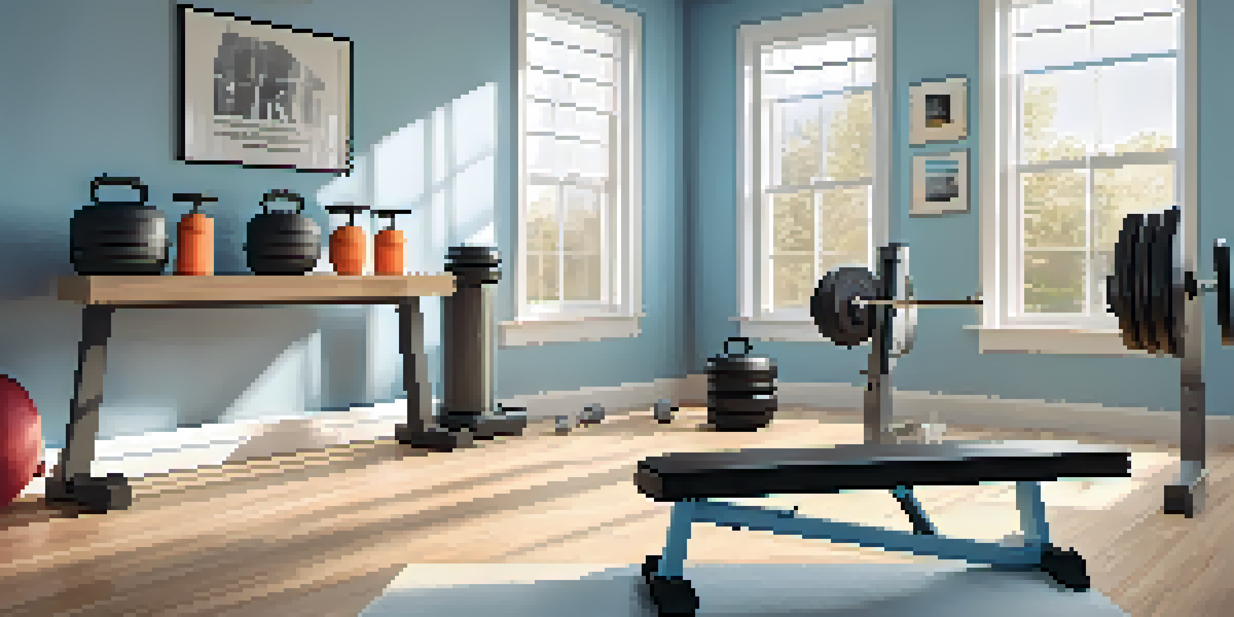 A home gym setup with dumbbells, a weight bench, and resistance bands, illuminated by natural sunlight.